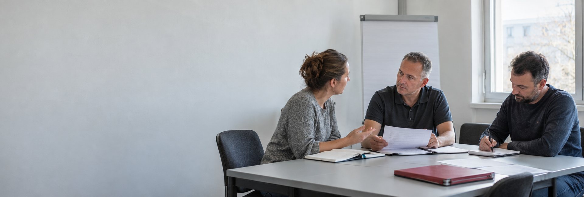 Symbolische Unterrichtssituation: Ein Dozent h&ouml;rt einer Teilnehmerin zu, w&auml;hrend ein weiterer Teilnehmer Notizen macht