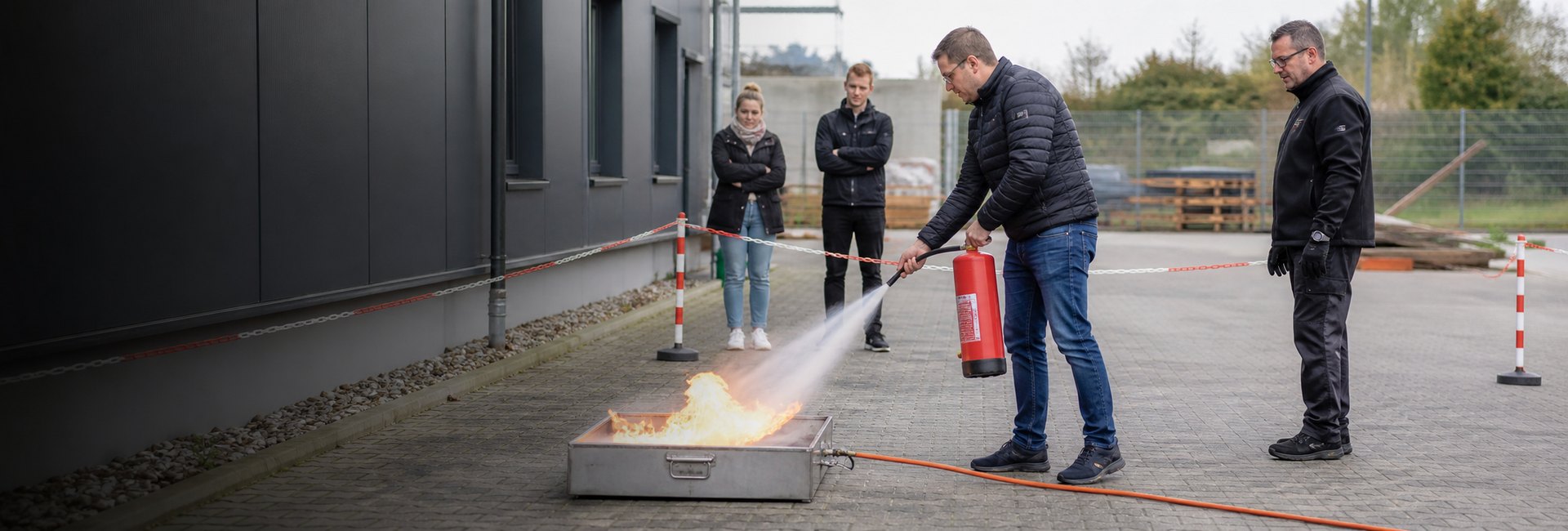Teilnehmerin bei einer beaufsichtigten praktischen L&ouml;sch&uuml;bung mit Feuerl&ouml;scher