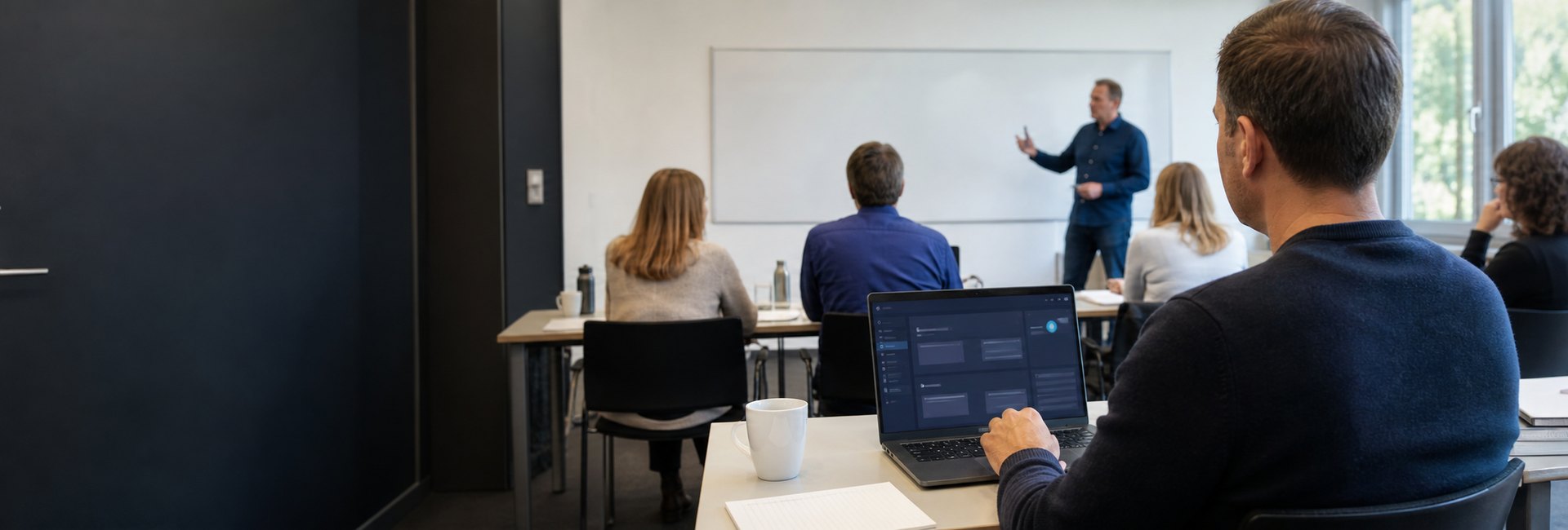 Pr&auml;senzunterricht mit digitaler Lernplattform in einem modernen Seminarraum