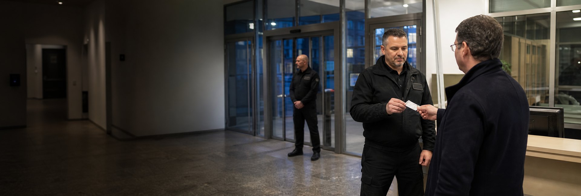 Sicherheitsmitarbeiter bei einer professionellen Zugangskontrolle in einem B&uuml;rogeb&auml;ude