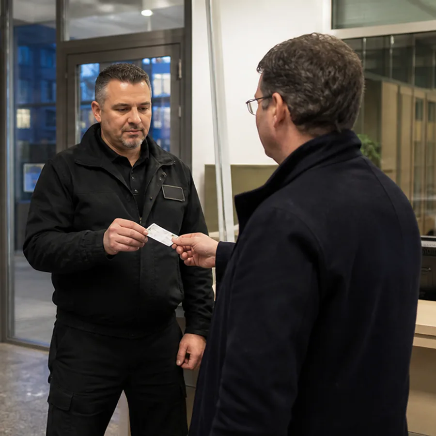 Sicherheitsmitarbeiter bei einer professionellen Zugangskontrolle in einem B&uuml;rogeb&auml;ude